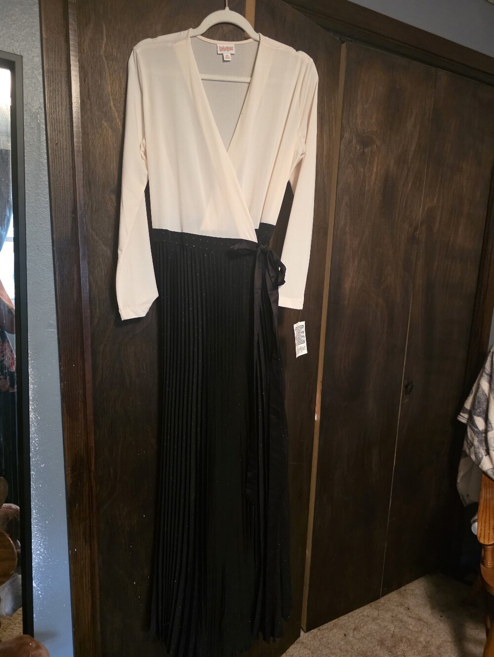 Lularoe Ivory and Black Wrap Pleated Maxi Dress